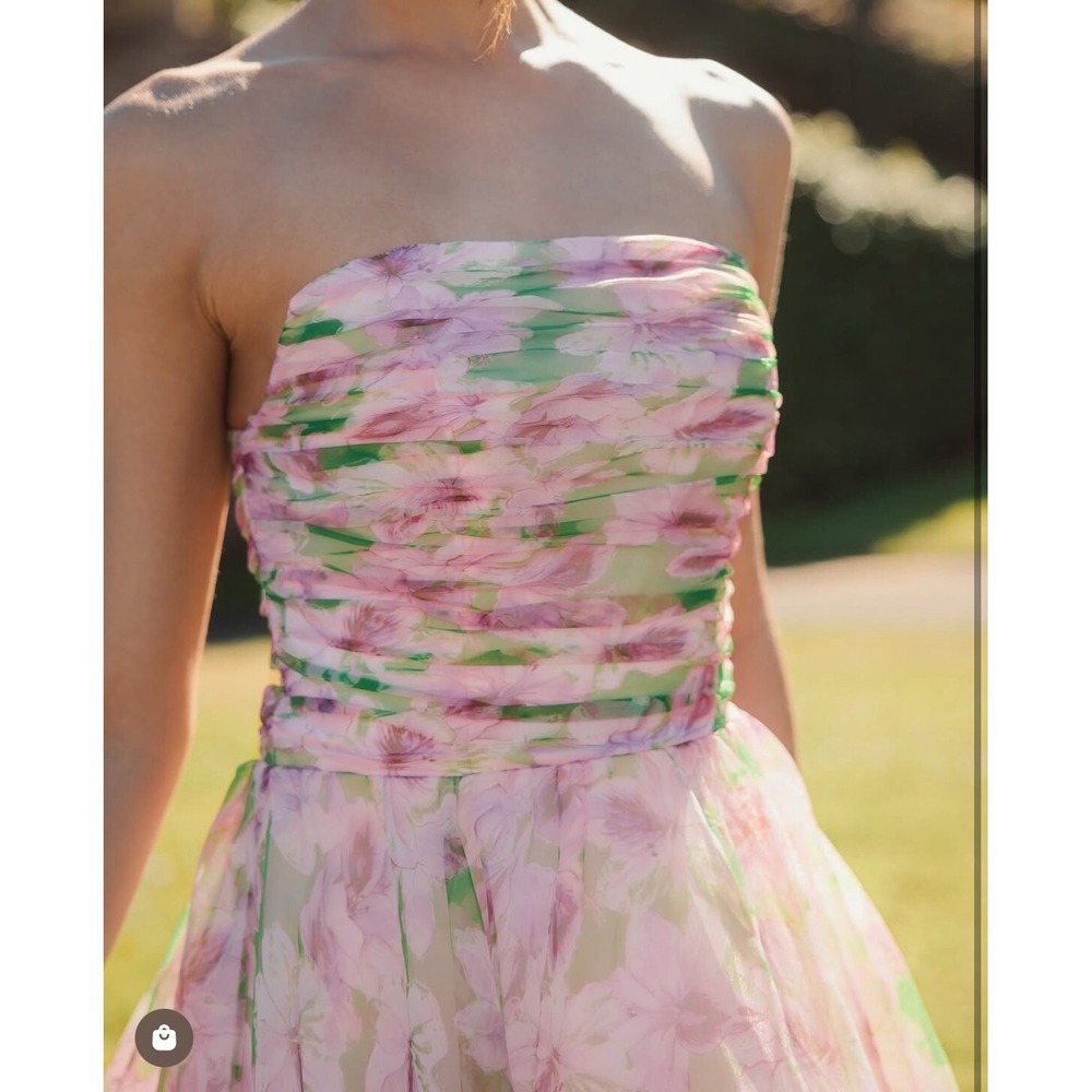 NWT Mac Duggal Pink Floral Strapless Chiffon Gown W/ Ruffle Detail $598 Size 14 - Picture 7 of 16
